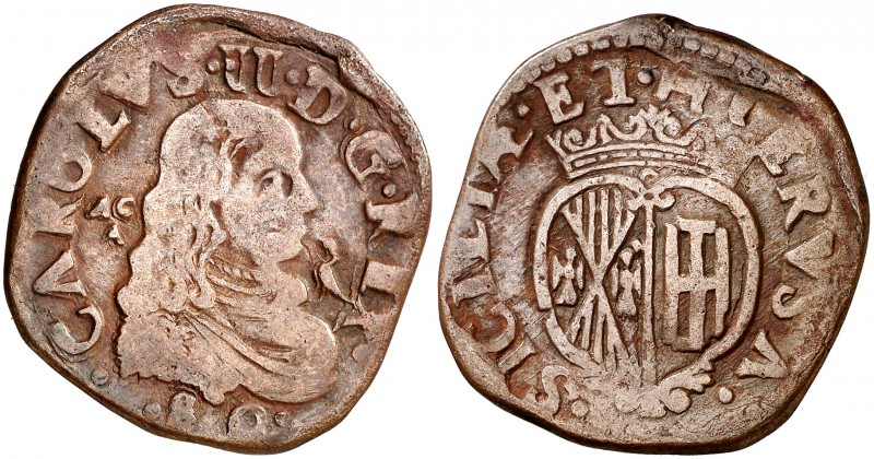 1680. Carlos II. Nápoles. AC/A. 1 grano. (Vti. 132) (MIR. 306/3). 8 g. Delante d...