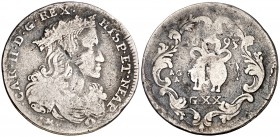 1695. Carlos II. Nápoles. AG-A. 1 tari. (Vti. 178) (MIR. 300/4). 3,95 g. BC+.