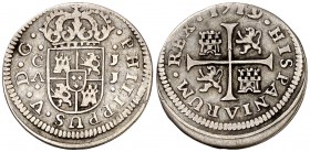 1719. Felipe V. Cuenca. JJ. 1/2 real. (Cal. 1733). 1,08 g. MBC.