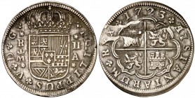 1723. Felipe V. Madrid. A. 2 reales. (Cal. 1250). 5,51 g. Defecto de acuñación en reverso. (MBC).