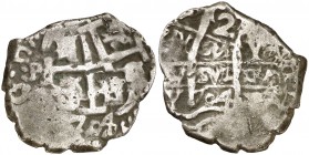 1704. Felipe V. Potosí. Y. 2 reales. (Cal. 1326). 5,16 g. Doble fecha y doble ensayador. MBC-.