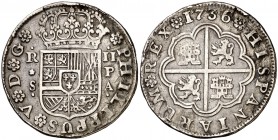 1736. Felipe V. Sevilla. PA. 2 reales. (Cal. 1437). 5,18 g. Sirvió como joya. (MBC-).