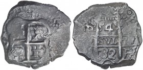 1732. Felipe V. Potosí. 4 reales. (Cal. 1112 var). 13,48 g. El ensayador de la derecha no es M sino ¿C?. Buen ejemplar. Pátina oscura. Ex Áureo & Cali...