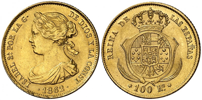 1862. Isabel II. Madrid. 100 reales. (Cal. 27). 8,41 g. Golpecitos. Ex Áureo 02/...