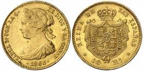 1865. Isabel II. Madrid. 10 escudos. (Cal. 43). 8,36 g. Golpecitos. Escasa. MBC+.