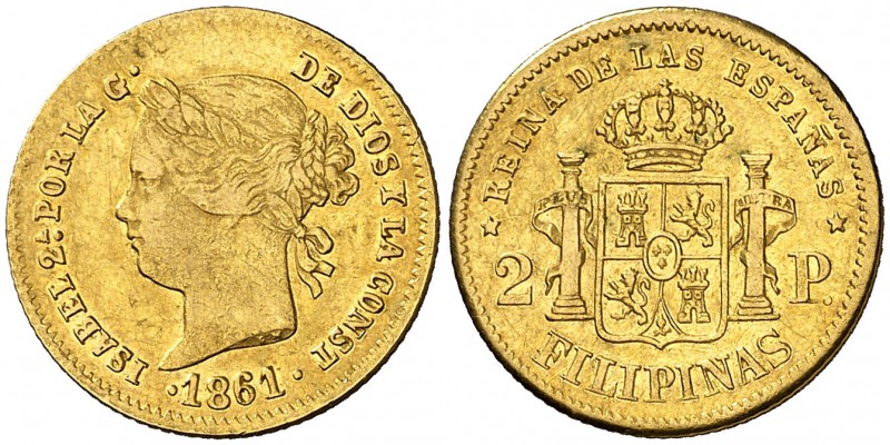 1861. Isabel II. Manila. 2 pesos. (Cal. 133). 3,31 g. Parte de brillo original. ...