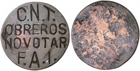 1870. Gobierno Provisional. Barcelona. . 10 céntimos. 9,07 g. Contramarcas en anverso C.N.T. OBREROS NO VOTAR F.A.I. BC.