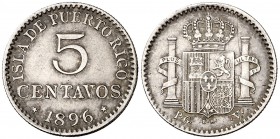1896. Alfonso XIII. Puerto Rico. PGV. 5 centavos. (Cal. 86). 1,29 g. MBC+.