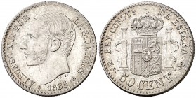1885*86. Alfonso XII. MSM. 50 céntimos. (Cal. 65 var). 2,49 g. Sin sobrefecha. EBC.