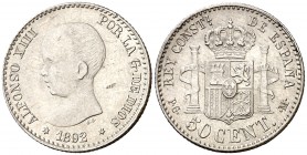 1892*92. Alfonso XIII. PGM. 50 céntimos. (Cal. 55). 2,51 g. EBC+.