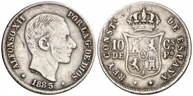 1885. Alfonso XII. Manila. 10 centavos. (Cal. 98) (Basso 64 var). 2,35 g. El 5 de la fecha muy separado. Rayitas. (MBC-).