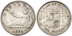 1869*1869. Gobierno Provisional. SNM. 1 peseta. (Cal. 15). 4,91 g. ESPAÑA. Rara. MBC-.