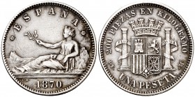 1870*1873. Gobierno Provisional. DEM. 1 peseta. (Cal. 17). 5 g. Leves rayitas. Buen ejemplar. MBC+.