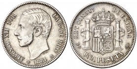 1881*1881. Alfonso XII. MSM. 1 peseta. (Cal. 56). 4,88 g. Escasa. MBC+.
