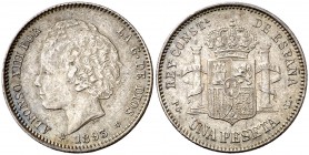 1893*1893. Alfonso XIII. PGL. 1 peseta. (Cal. 39). 4,95 g. Bonita pátina. Escasa. MBC+.
