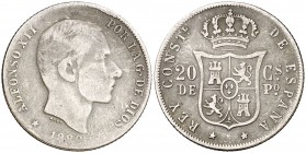 1880. Alfonso XII. Manila. 20 centavos. (Cal. 87). 5 g. Rara. BC-/BC.
