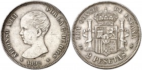 1892*1892. Alfonso XIII. PGM. 2 pesetas. (Cal. 32). 10,01 g. Leves golpecitos. MBC.