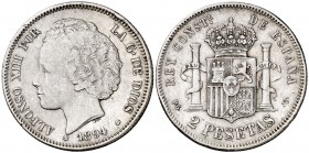 1894*1894. Alfonso XIII. PGV. 2 pesetas. (Cal. 33). 10 g. Rayitas y golpecitos. Escasa. MBC-/MBC.
