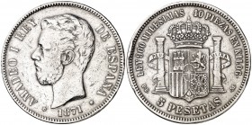 1871*1873. Amadeo I. DEM. 5 pesetas. (Cal. 9). 24,61 g. Golpecitos. Escasa. MBC-.