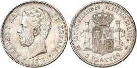 1871*1874. Amadeo I. DEM. 5 pesetas. (Cal. 10). 24,84 g. MBC+.