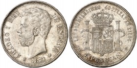 1871*1875. Amadeo I. DEM. 5 pesetas. (Cal. 12). 24,84 g. Golpe en el canto. (MBC+).