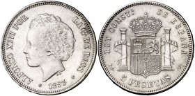 1893*1893. Alfonso XIII. PGV. 5 pesetas. (Cal. 22). 24,86 g. Limpiada. Rayitas. Escasa. MBC+/EBC-.