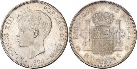 1898*1898. Alfonso XIII. SGV. 5 pesetas. (Cal. 27). 24,69 g. Leves marquitas. EBC-/EBC+.