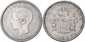 1895. Alfonso XIII. Puerto Rico. PGV. 1 peso. (Cal. 82). 24,65 g. Rara. BC+.