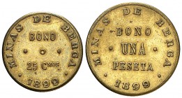 1899. Berga. Minas de Berga. Almacén de Víveres. 25 céntimos y 1 peseta. (AL. 3098 y 3099). Lote de 2 monedas. MBC+.
