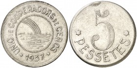 1937. Cercs. Unió de Cooperadors. 5 pesetas. (AL. 3108). 9,11 g. Rara. EBC-.