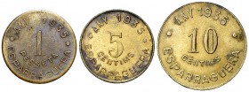 1935. Esparraguera. Cooperativa Obrera Germinal. 5 y 10 céntimos, y 1 peseta. (AL. 602 a 604). 3 monedas. MBC+/EBC-.