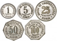 Súria. Unión de Cooperadores. 1, 5, 25, 50 y 100 pesetas. (AL. 3212 a 3216). Serie completa de 5 monedas. Raras. MBC-/MBC+.