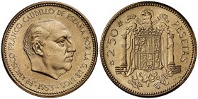 1953*1970. Estado Español. 2,50 pesetas. (Cal. 72). 6,57 g. Ex Colección Hispania 26/10/2010, nº 306. Escasa. Proof.