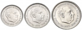 1957. Estado Español. BA (Barcelona). 5, 25 y 50 pesetas. (Cal. 139). Iª Exposición Iberoamericana de Numismática. Serie completa de 3 monedas. S/C....