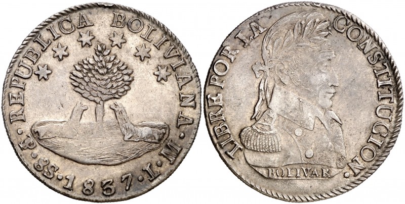 1837. Bolivia. Potosí. LM. 8 soles. (Kr. 97). 26,74 g. AG. Pátina. MBC+.