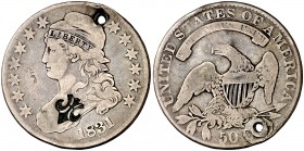 (1884). Puerto Rico. (Kr. 9). 12,92 g. Resello flor de lis, sobre 50 centavos del tipo "Liberty Bust" 1831. Perforación. Resello muy raro sobre esta m...