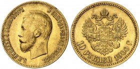 1900. Rusia. Nicolás II. . 10 rublos. (Fr. 179) (Kr. 64). 8,60 g. AU. Golpecitos. MBC+/EBC-.