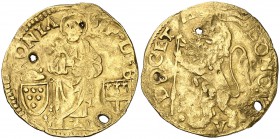 s/d. Vaticano. León X (1513-1521). Bolonia. 1 ducado. (MIR falta) (Muntoni 104). 3,32 g. AU. Dos perforaciones. (BC).