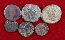 Lote formado por 3 bronces ibéricos, 2 hispanoromanos y 1 as romano. Total 6 monedas. A examinar. RC/BC+.