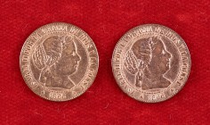 1866. Isabel II. Segovia. OM. 1/2 céntimo de escudo. (Cal. 676). Lot de 2 monedas. Limpiadas. (EBC-).