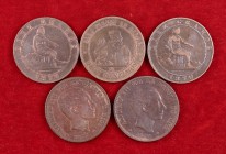 1870 a 1879. Barcelona. OM. 10 céntimos. Lote de 5 monedas. A examinar. MBC-.