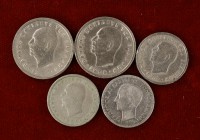 1874, 1954, 1957 y 1959. Grecia. 50 lepta (tres) y 1 dracma (dos). Lote de 5 monedas. A examinar. BC+/EBC.