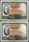1927. 50 pesetas. 17 de mayo, Alfonso XIII. 2 billetes con y sin tampón de la II República. BC/BC+.
