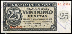 1936. Burgos. 25 pesetas. (Ed. D20a) (Ed. 419a). 21 de noviembre. Serie R. MBC+.