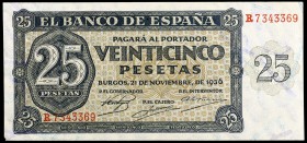 1936. Burgos. 25 pesetas. (Ed. D20a) (Ed. 419a). 21 de noviembre. Serie R. Mínima rotura en una esquina. S/C-.