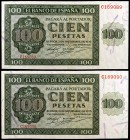 1936. Burgos. 100 pesetas. (Ed. D22a) (Ed. 421a). 21 de noviembre. Pareja correlativa, serie C, uno con pequeña manchita. Doblez central. EBC+.