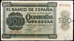 1936. Burgos. 500 pesetas. (Ed. D23a) (Ed. 422a). 21 de noviembre. Serie B. Roturas. Raro. (BC+).