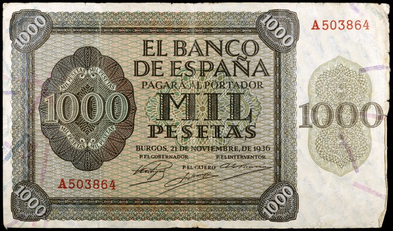 1936. Burgos. 1000 pesetas. (Ed. D24) (Ed. 423). 21 de noviembre. Serie A. Raro....