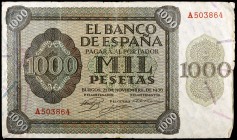 1936. Burgos. 1000 pesetas. (Ed. D24) (Ed. 423). 21 de noviembre. Serie A. Raro. BC+.