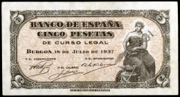 1937. Burgos. 5 pesetas. (Ed. D25a) (Ed. 424c). 18 de julio. Serie C. Escaso. MBC.